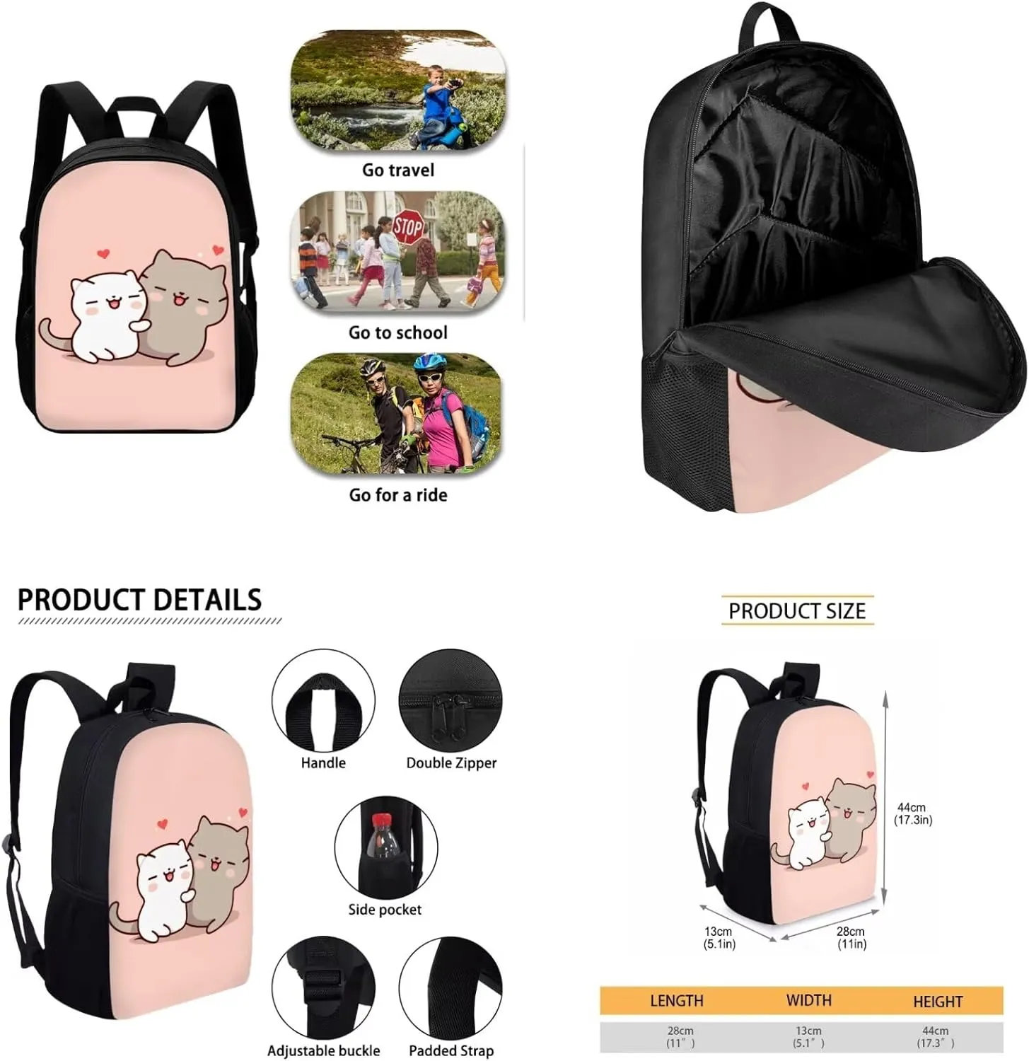 4PCS Backpack Sets for School Pink Cat Bookbags for 6th Grade Girls Trendy Backpacks with Lunch Box Water Bottle Holder and Pencil Holder for Elementary Students Gifts