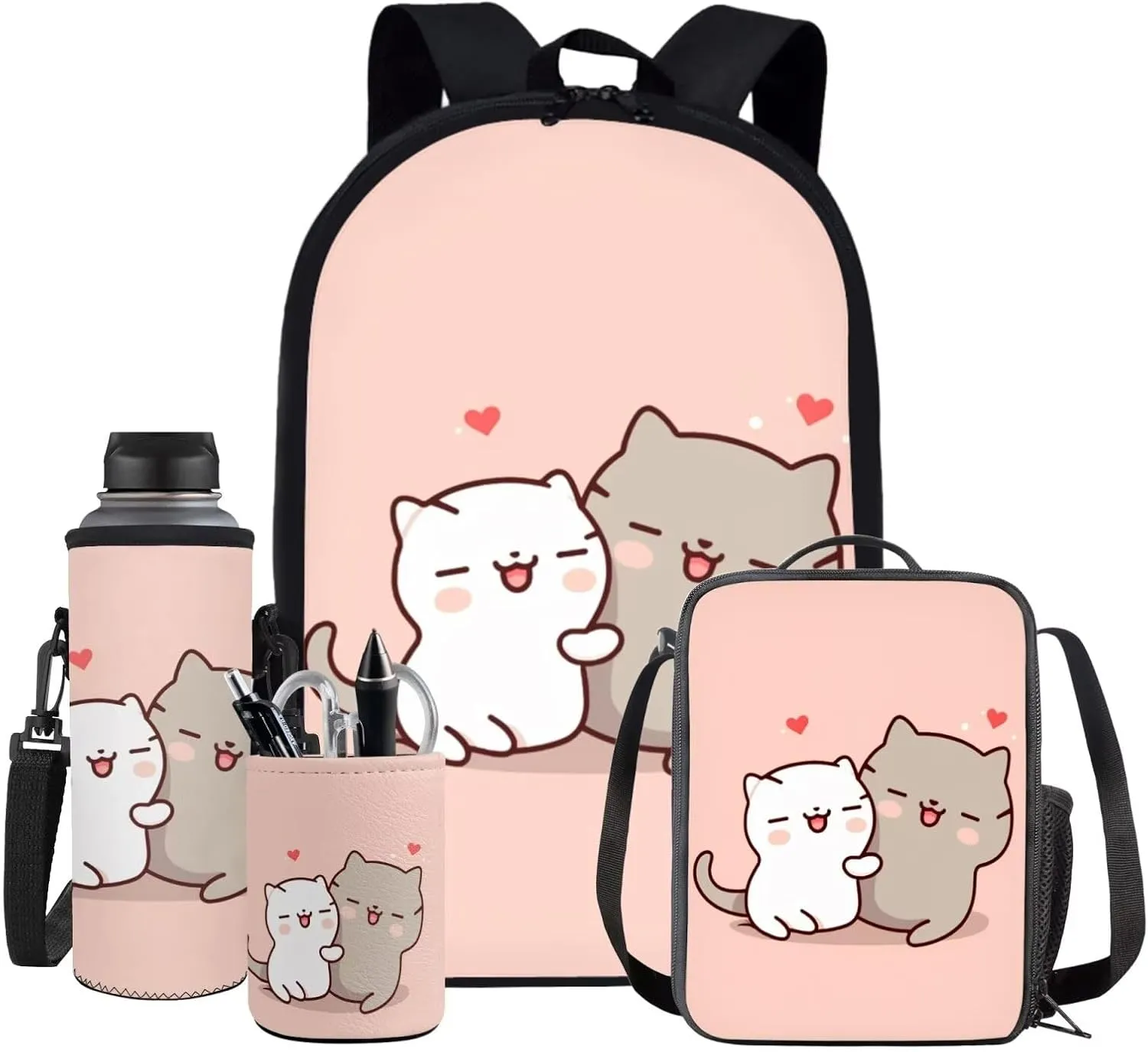 4PCS Backpack Sets for School Pink Cat Bookbags for 6th Grade Girls Trendy Backpacks with Lunch Box Water Bottle Holder and Pencil Holder for Elementary Students Gifts