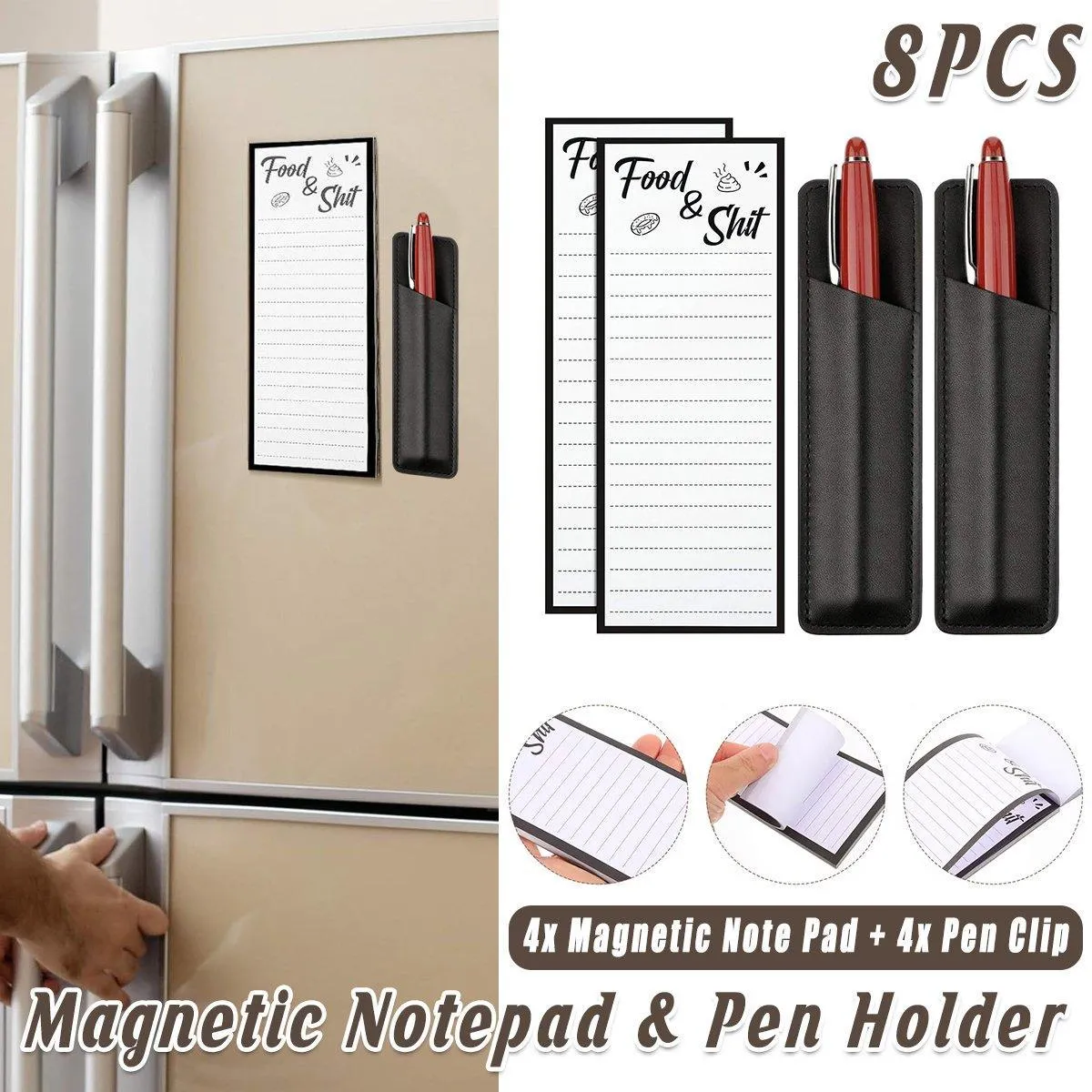 4X Magnetic Fridge Memo Pad and 4X Pen Clip Sticky Rectangular Notepad Sheet 50 Page
