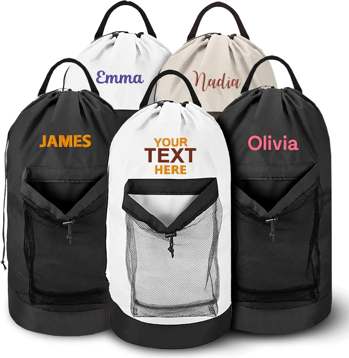 5 Pack Personalized Laundry Bag Heavy Duty Custom Graduation University XL Bag Backpack with Hanging Shoulder Strap & Mesh Pocket - Back to School College Graduation Gift - Choose Font & Thread Color