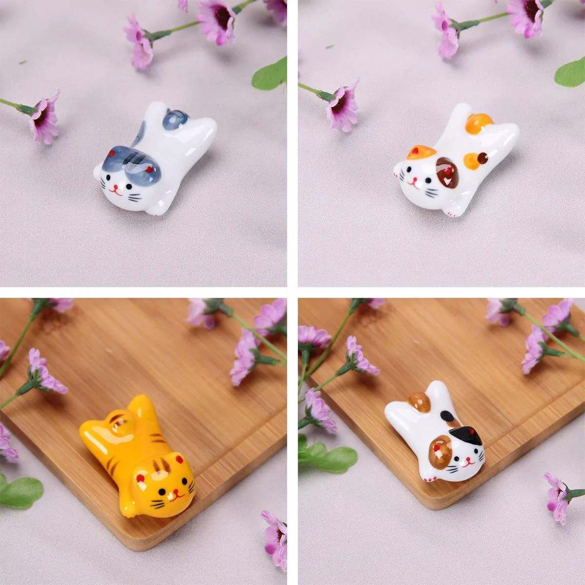 5PCS Cute Kitten Ceramic Chopstick Holder Set Cat Chopsticks Rack Pen Rest Craft