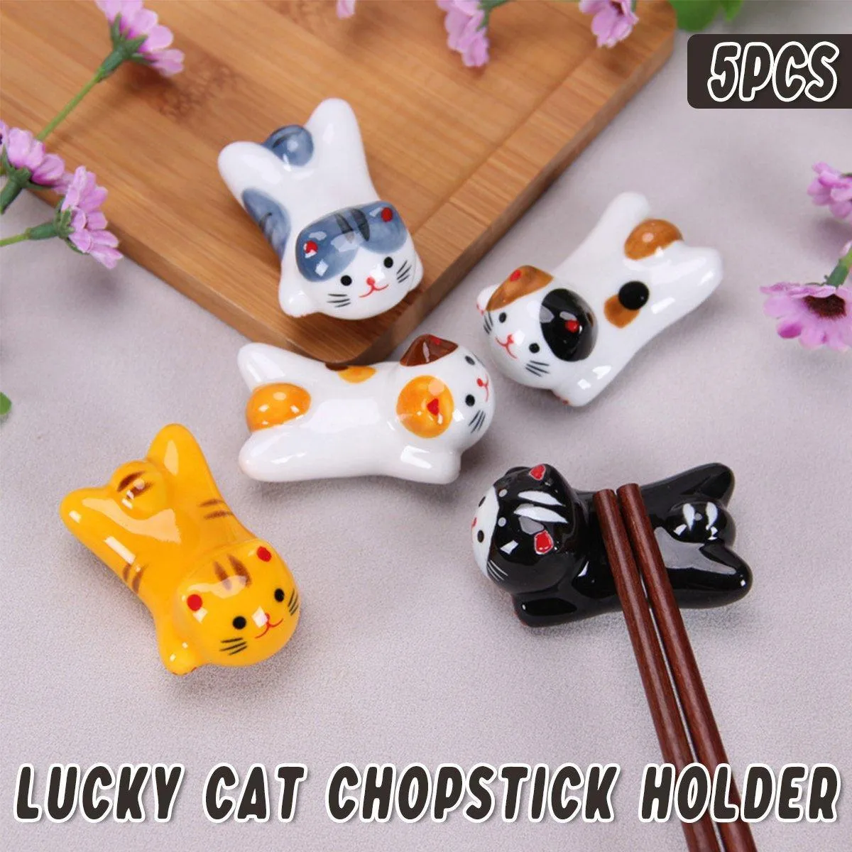 5PCS Cute Kitten Ceramic Chopstick Holder Set Cat Chopsticks Rack Pen Rest Craft