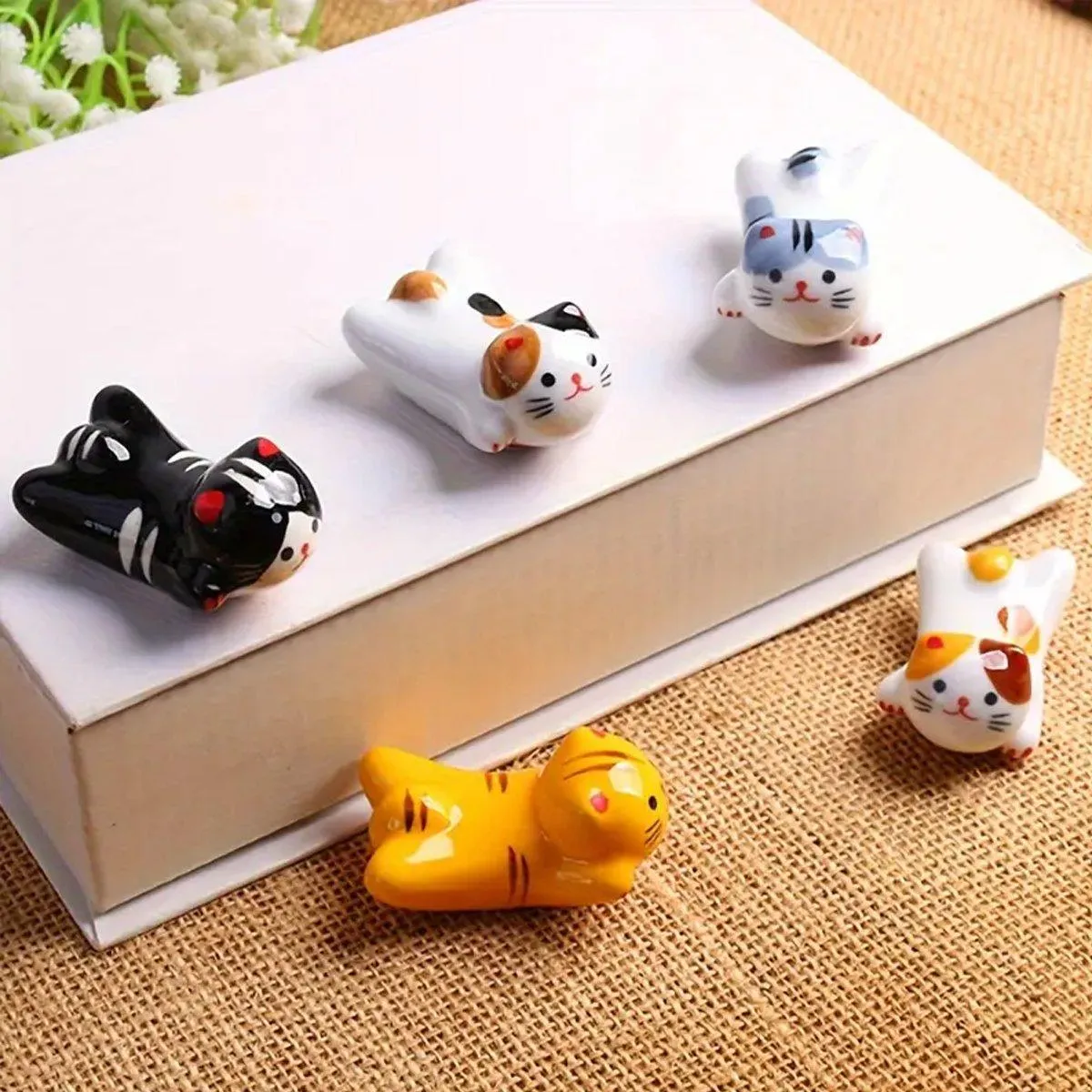 5PCS Cute Kitten Ceramic Chopstick Holder Set Cat Chopsticks Rack Pen Rest Craft