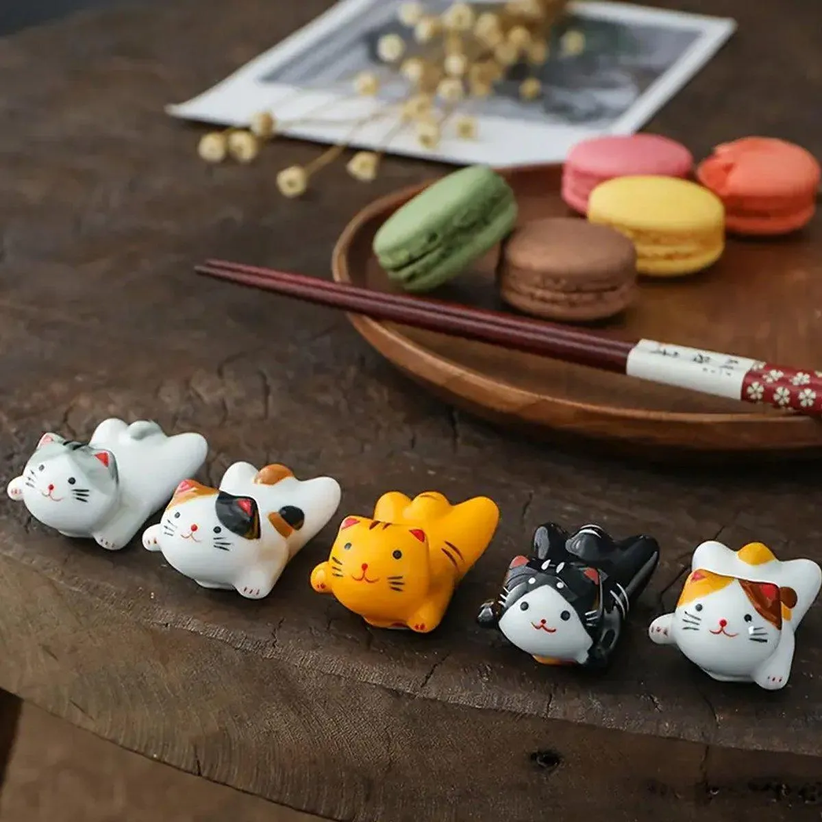 5PCS Cute Kitten Ceramic Chopstick Holder Set Cat Chopsticks Rack Pen Rest Craft