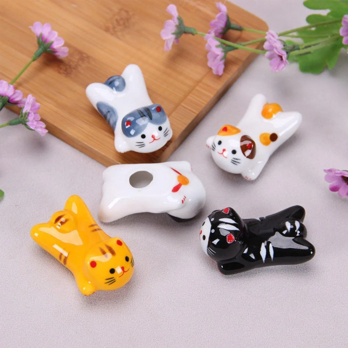 5PCS Cute Kitten Ceramic Chopstick Holder Set Cat Chopsticks Rack Pen Rest Craft