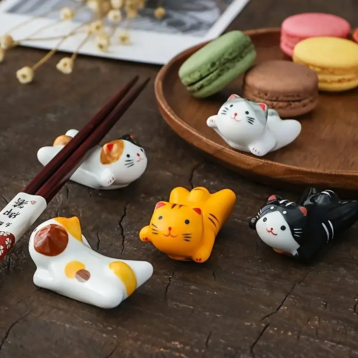 5PCS Cute Kitten Ceramic Chopstick Holder Set Cat Chopsticks Rack Pen Rest Craft