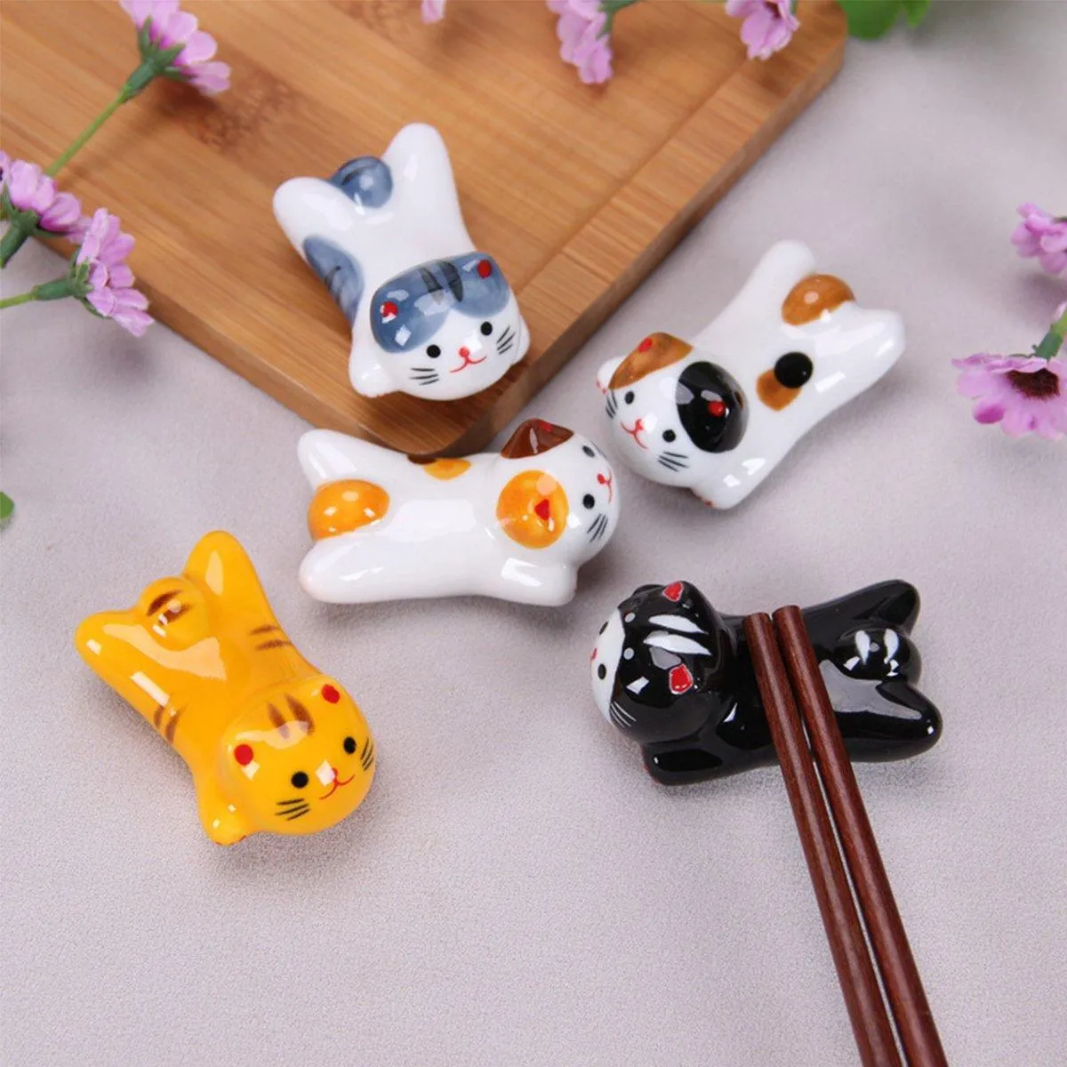 5PCS Cute Kitten Ceramic Chopstick Holder Set Cat Chopsticks Rack Pen Rest Craft
