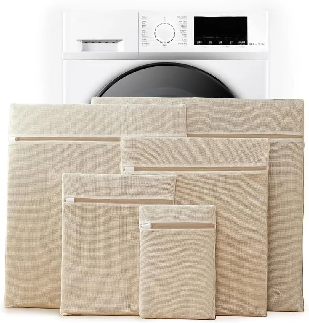 5Pcs Mesh Laundry Bag, Organic Cotton Mesh Laundry Bags With Zipper, Machine Washing Bag for Clothes, Underwear, Household Items, Travel Storage Finishing Bag, Blouse Bra Socks Stockings