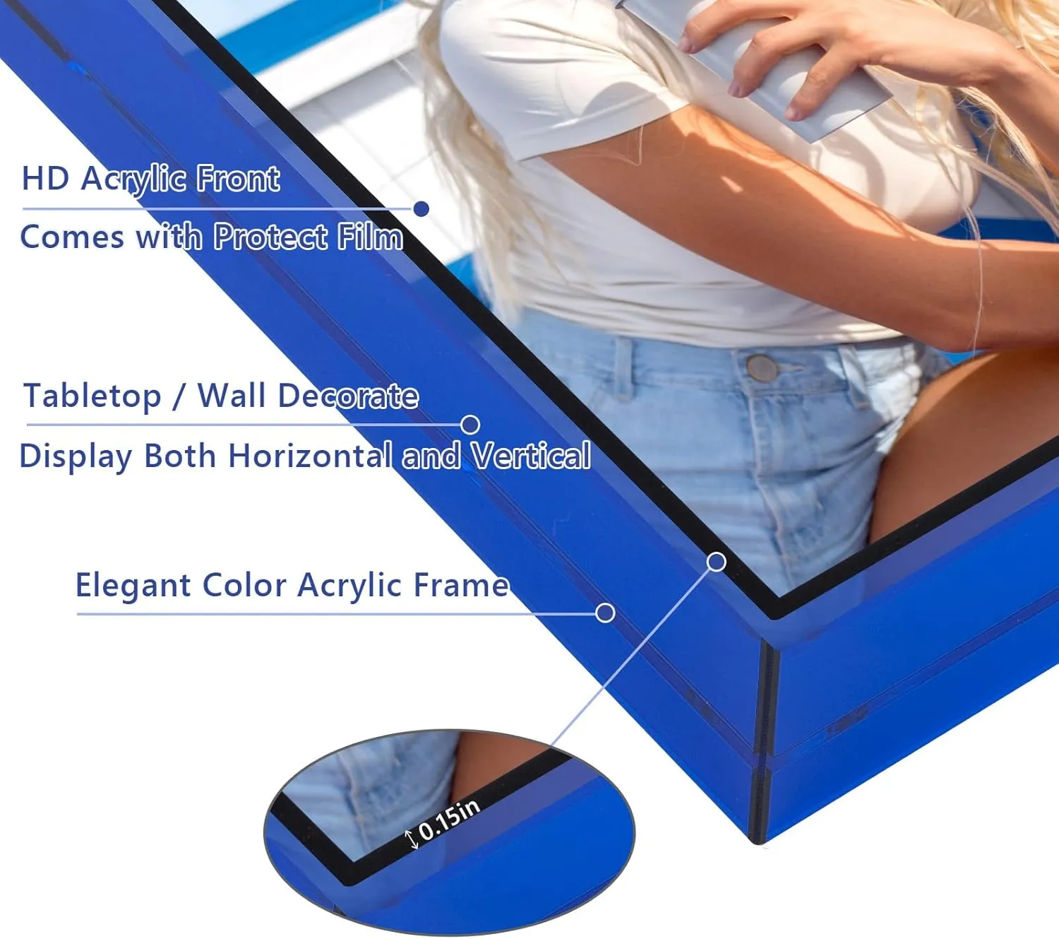 5x7 Acrylic Picture Frame Blue - Clear Floating Photo Frames for 5 x 7 Inches Art Print - Individual for Tabletop Display - With Hangers for Wall Mount Horizontal or Vertical - 1 Pack