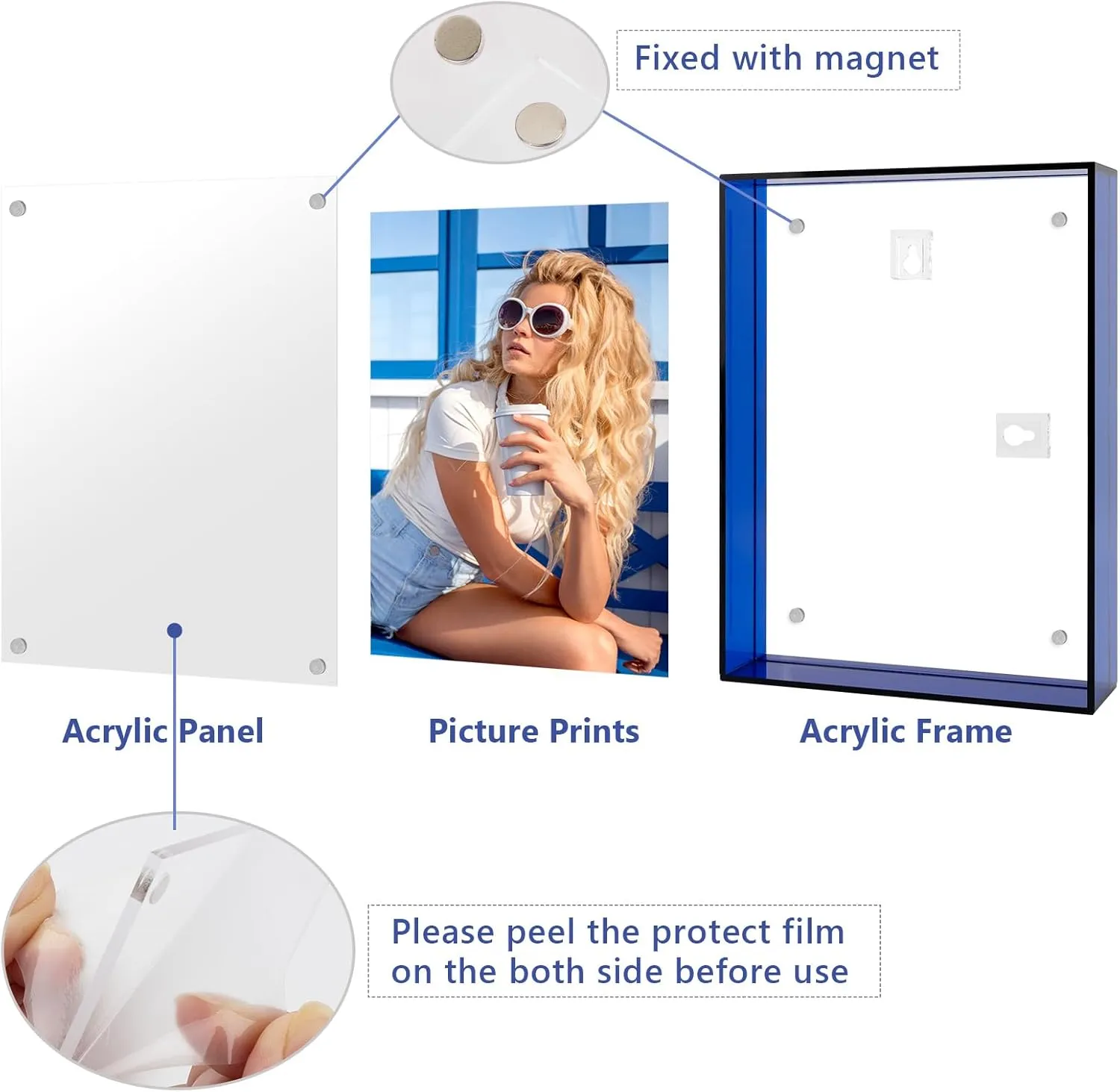 5x7 Acrylic Picture Frame Blue - Clear Floating Photo Frames for 5 x 7 Inches Art Print - Individual for Tabletop Display - With Hangers for Wall Mount Horizontal or Vertical - 1 Pack