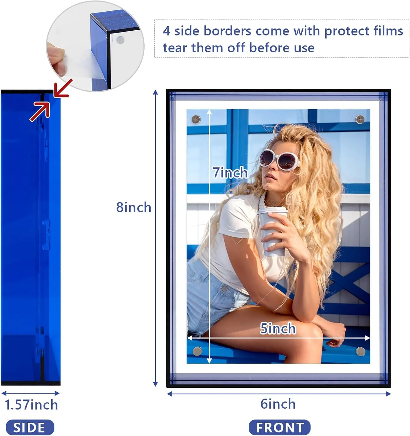 5x7 Acrylic Picture Frame Blue - Clear Floating Photo Frames for 5 x 7 Inches Art Print - Individual for Tabletop Display - With Hangers for Wall Mount Horizontal or Vertical - 1 Pack