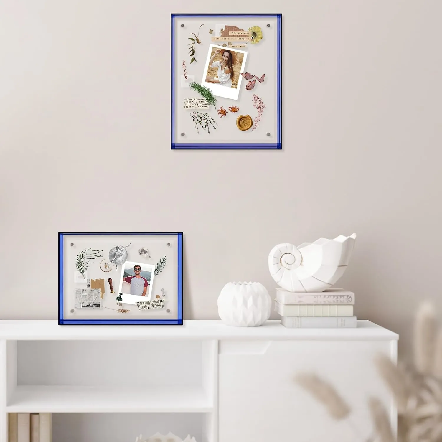 5x7 Acrylic Picture Frame Blue - Clear Floating Photo Frames for 5 x 7 Inches Art Print - Individual for Tabletop Display - With Hangers for Wall Mount Horizontal or Vertical - 1 Pack