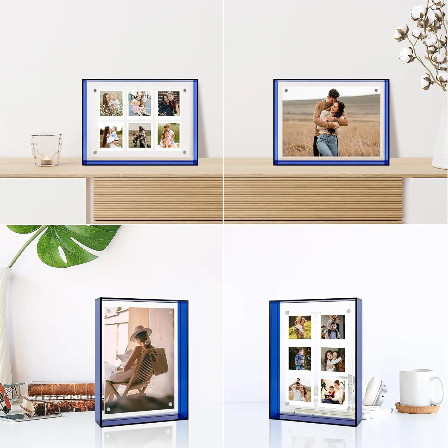 5x7 Acrylic Picture Frame Blue - Clear Floating Photo Frames for 5 x 7 Inches Art Print - Individual for Tabletop Display - With Hangers for Wall Mount Horizontal or Vertical - 1 Pack