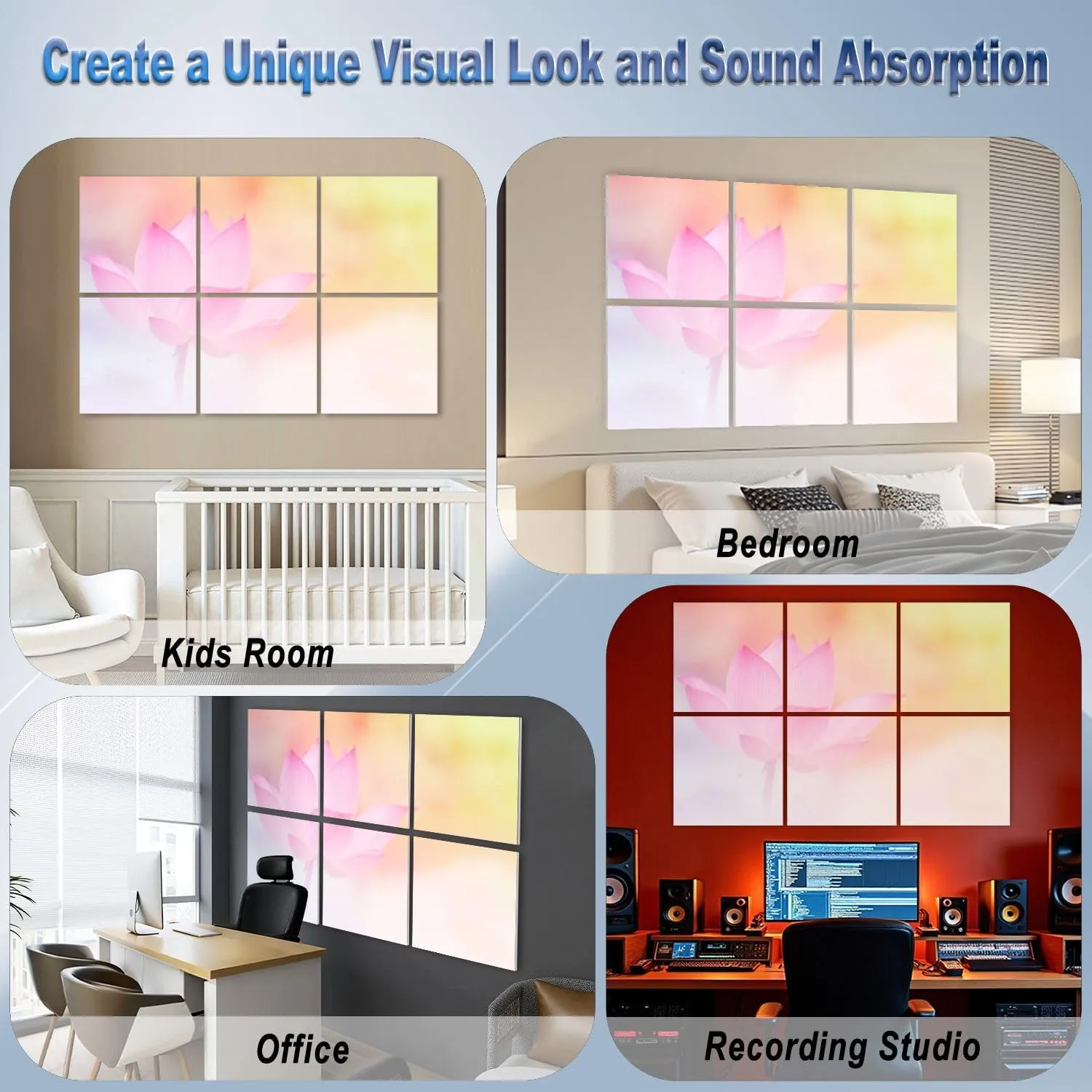 6 Pack Art Acoustic Panels Pink lotus select focus Self Adhesive Decorative Soundproof Wall Panels Sound Absorbing Panel 72"x48" for Office Home Studio