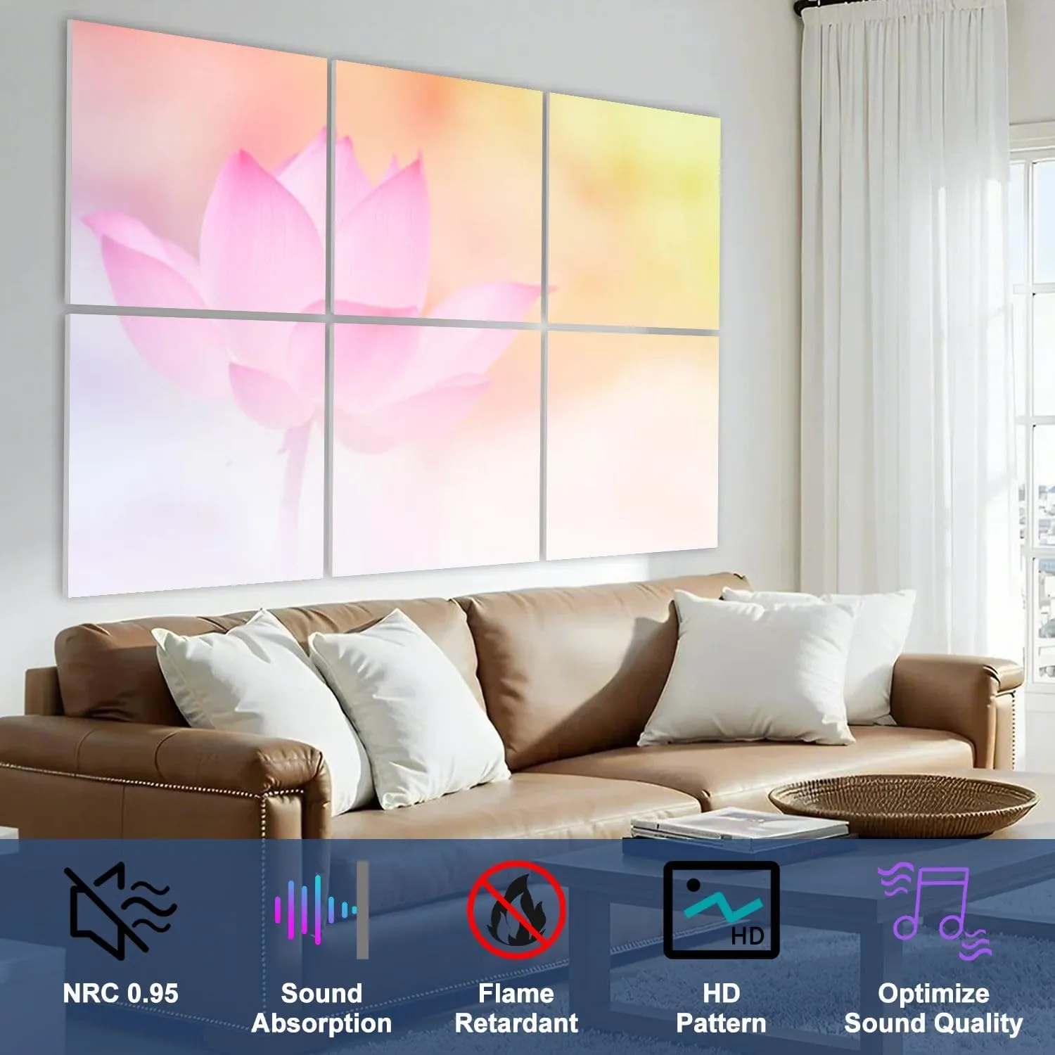6 Pack Art Acoustic Panels Pink lotus select focus Self Adhesive Decorative Soundproof Wall Panels Sound Absorbing Panel 72"x48" for Office Home Studio