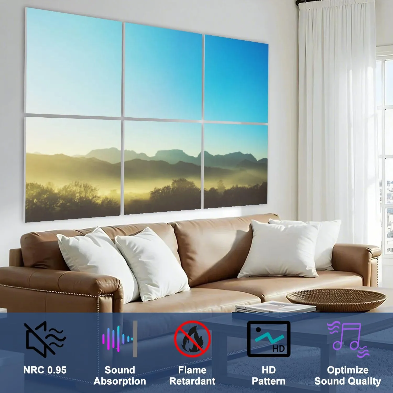 6 Pack Art Acoustic Panels Yellow Sunrise Cape Winelands Early Misty Silhouette Tree Mountain Self Adhesive Decorative Soundproof Wall Panels Sound Absorbing Panel 72"x48" for Office Home Studio