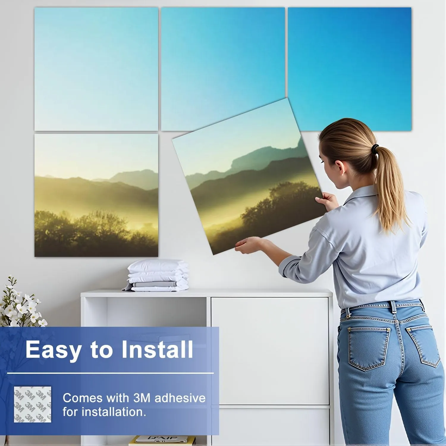 6 Pack Art Acoustic Panels Yellow Sunrise Cape Winelands Early Misty Silhouette Tree Mountain Self Adhesive Decorative Soundproof Wall Panels Sound Absorbing Panel 72"x48" for Office Home Studio