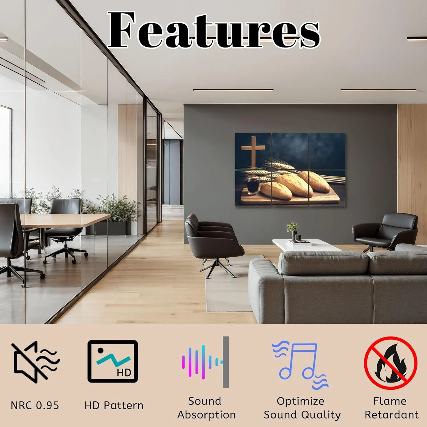 6 Panels Art Acoustic Panels selective focus bread grape beverage stand wood cross for inspiration Soundproof Wall Panels Padding Decorative Sound Absorbing Panels 72"x48" for Recording Studios Home