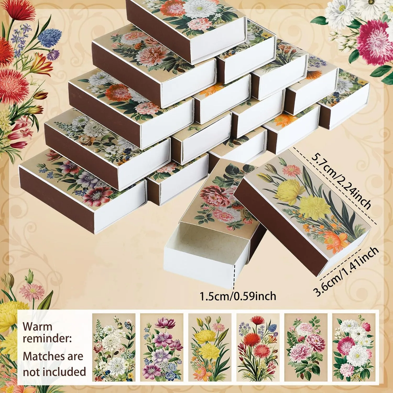 60 Pcs Spring Flower Blank Matches Containers 2.24 x 1.42 x 0.59 Inches Floral Match Holder Baby Shower Tea Party Favor for Guests Decorative Match Storage Boxes(Spring)