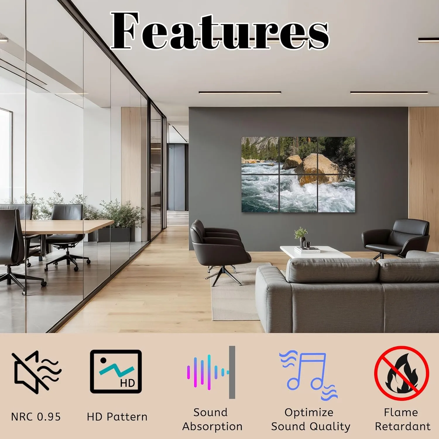 6Panels Art Acoustic Panels Kings River Soundproof Wall Panels Padding Decorative Sound Absorbing Panels 72"x48" for Recording Studios Home