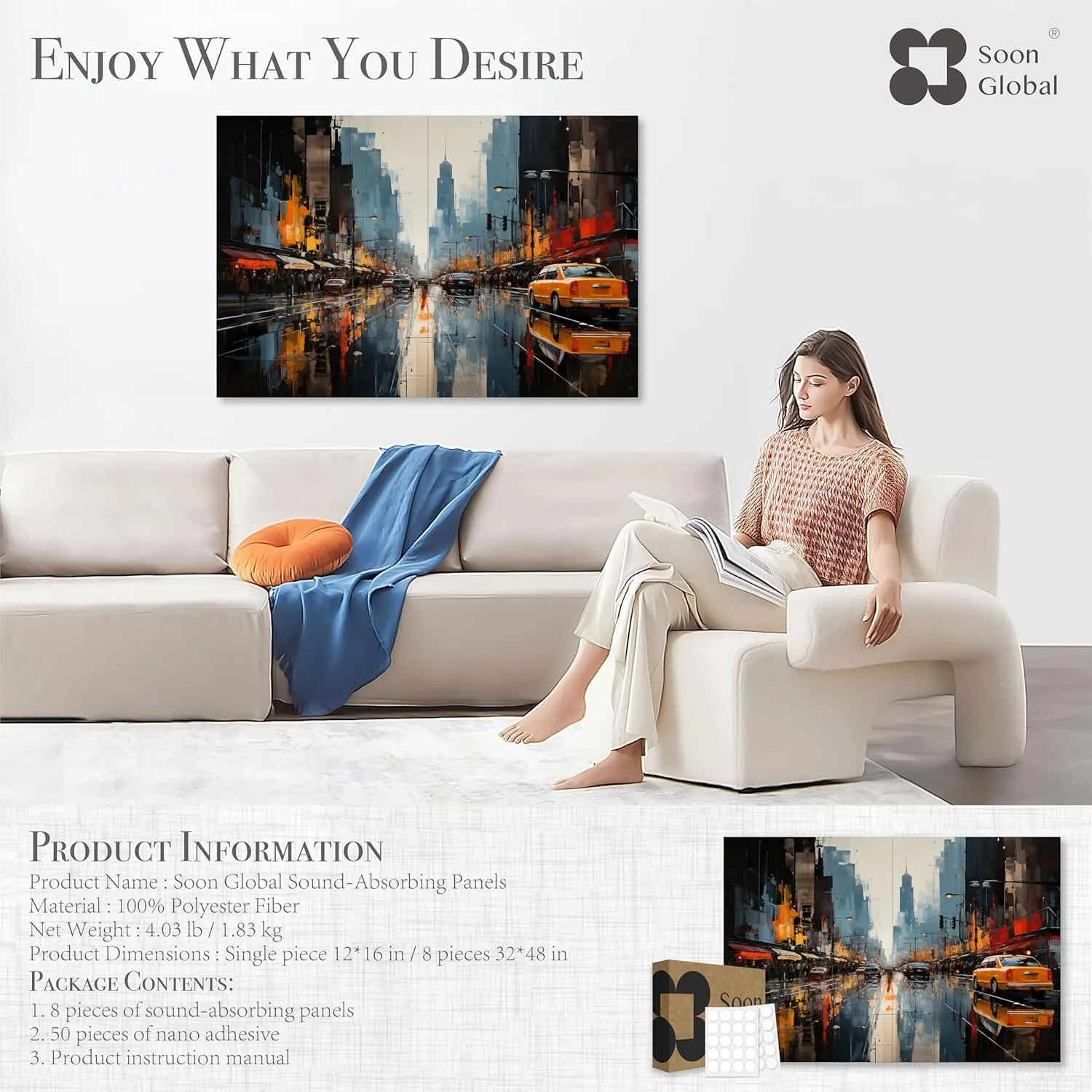 8-Pack Acoustic Panels, Soundproof Wall Panels, 48 X 32 Inches Sound Absorbing Panels, Decorative Acoustical Wall Panels, Acoustic Treatment for Recording Studio, Urban Pulse
