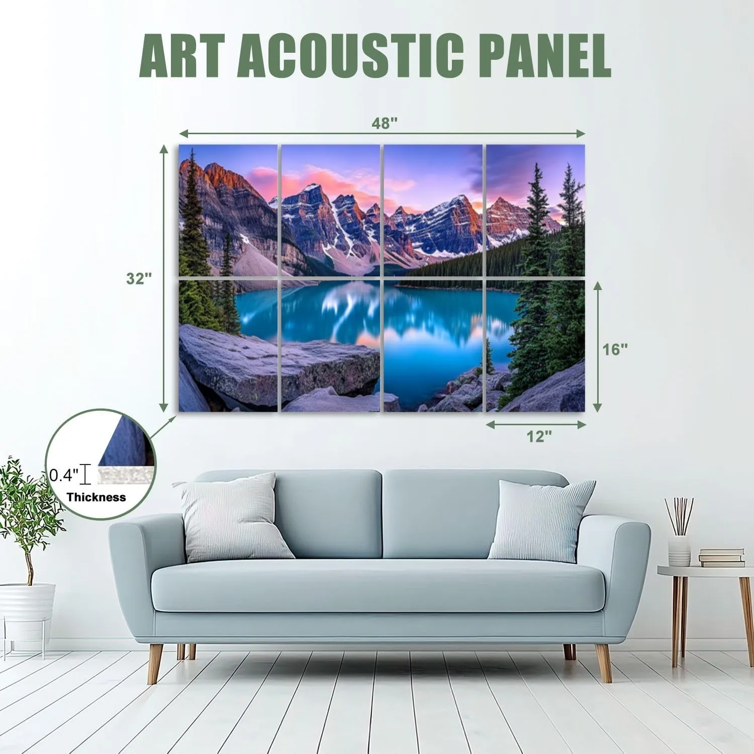 8 Pack Art Acoustic Panels Sound Absorbing Landscape Mountain Sunset Snow capped Mountains Turquoise Lake Pine Decorative Soundproof Wall Panels Self Adhesive for Recording Studios Office 48"x32"