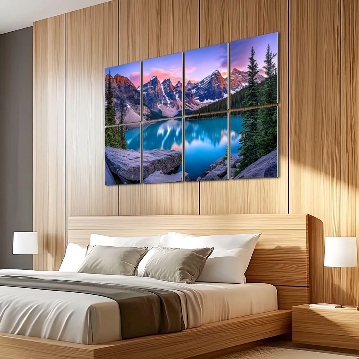 8 Pack Art Acoustic Panels Sound Absorbing Landscape Mountain Sunset Snow capped Mountains Turquoise Lake Pine Decorative Soundproof Wall Panels Self Adhesive for Recording Studios Office 48"x32"