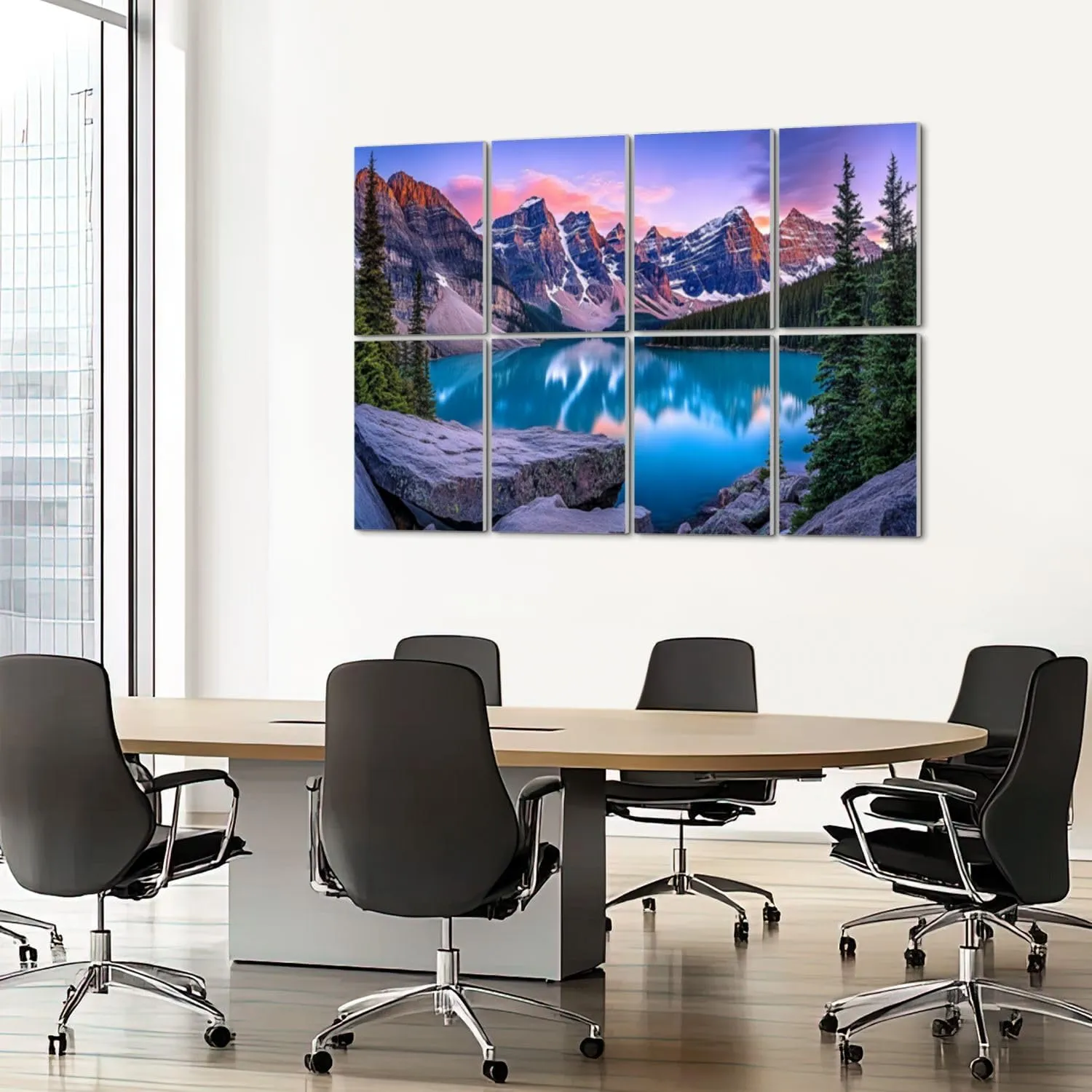 8 Pack Art Acoustic Panels Sound Absorbing Landscape Mountain Sunset Snow capped Mountains Turquoise Lake Pine Decorative Soundproof Wall Panels Self Adhesive for Recording Studios Office 48"x32"