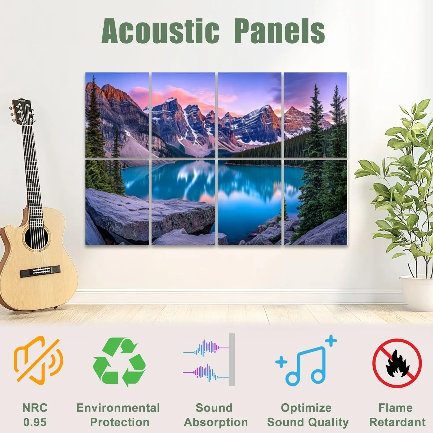 8 Pack Art Acoustic Panels Sound Absorbing Landscape Mountain Sunset Snow capped Mountains Turquoise Lake Pine Decorative Soundproof Wall Panels Self Adhesive for Recording Studios Office 48"x32"