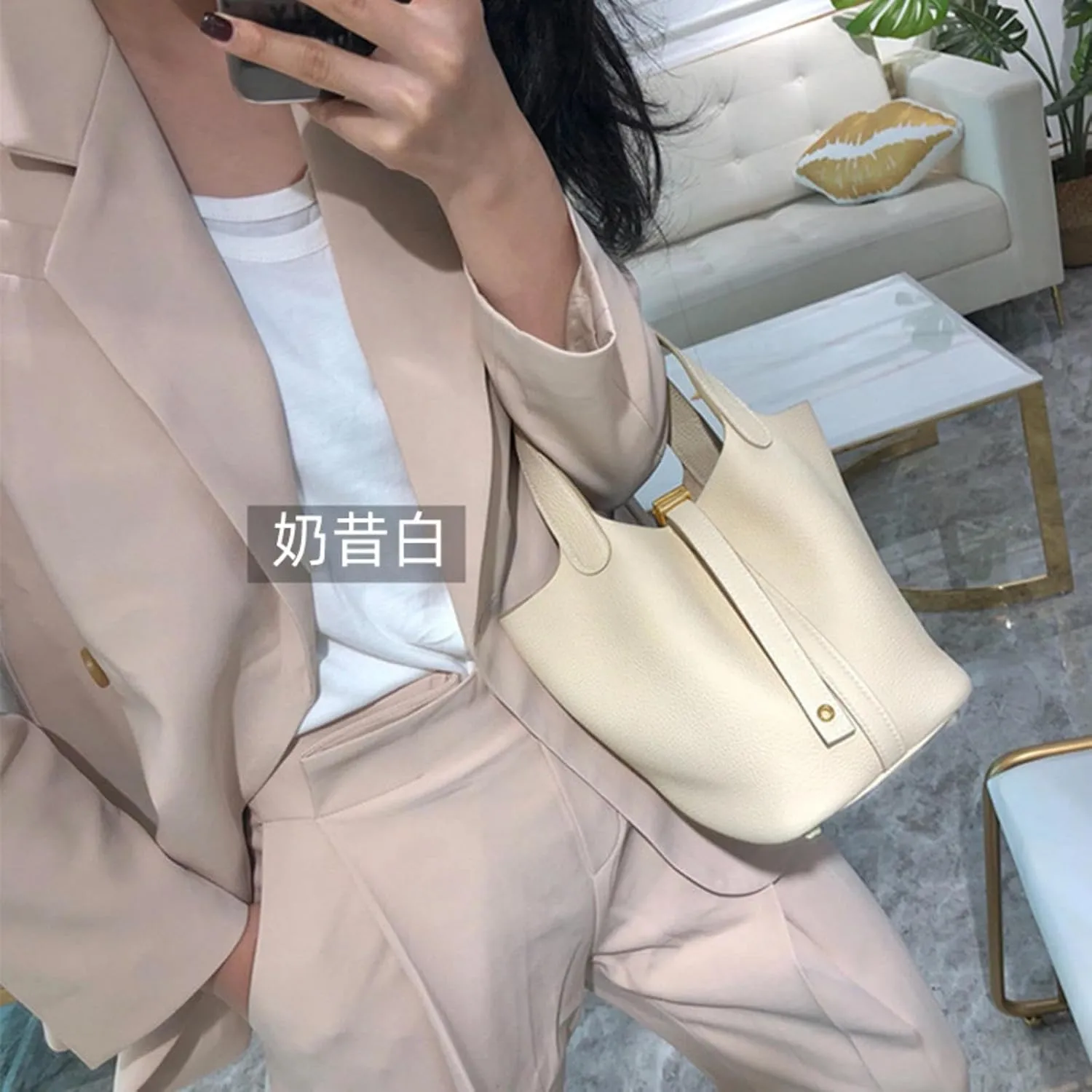 8 Top Layer Cowhide Bucket Cabbage Basket Genuine Leather Women's Bag