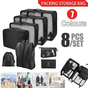 8Pcs Packing Cubes Travel Pouches Luggage Organiser Clothes Suitcase Storage Bag