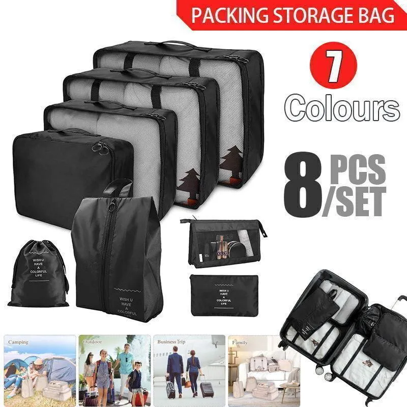 8Pcs Packing Cubes Travel Pouches Luggage Organiser Clothes Suitcase Storage Bag