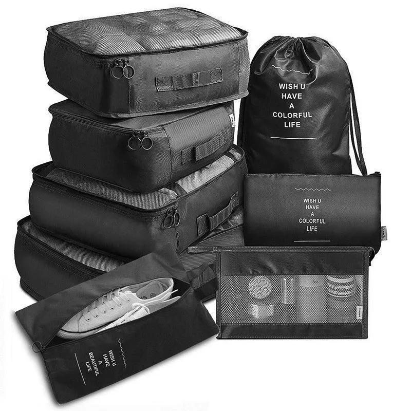 8Pcs Packing Cubes Travel Pouches Luggage Organiser Clothes Suitcase Storage Bag