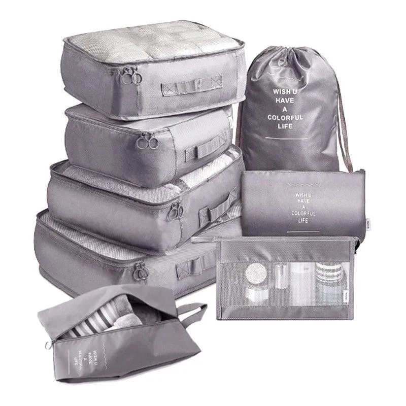 8Pcs Packing Cubes Travel Pouches Luggage Organiser Clothes Suitcase Storage Bag