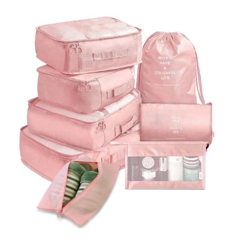 8Pcs Packing Cubes Travel Pouches Luggage Organiser Clothes Suitcase Storage Bag