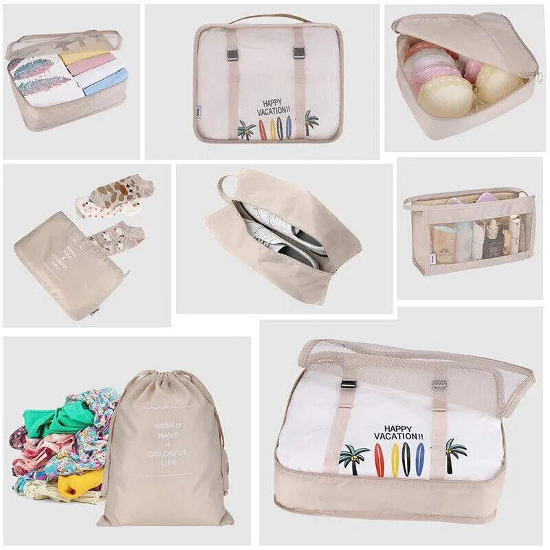8Pcs Packing Cubes Travel Pouches Luggage Organiser Clothes Suitcase Storage Bag
