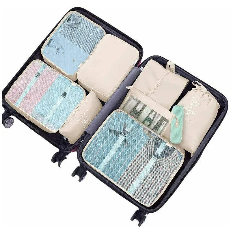 8Pcs Packing Cubes Travel Pouches Luggage Organiser Clothes Suitcase Storage Bag