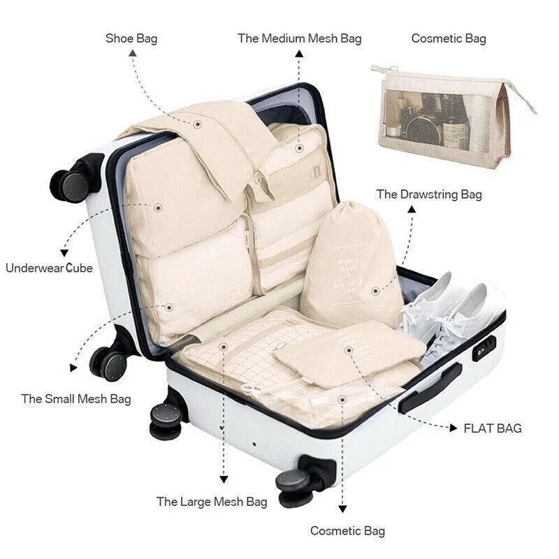 8Pcs Packing Cubes Travel Pouches Luggage Organiser Clothes Suitcase Storage Bag
