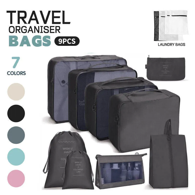 9 Packing Cubes Travel Pouches Luggage Organiser Clothes Suitcase Storage Bag AU