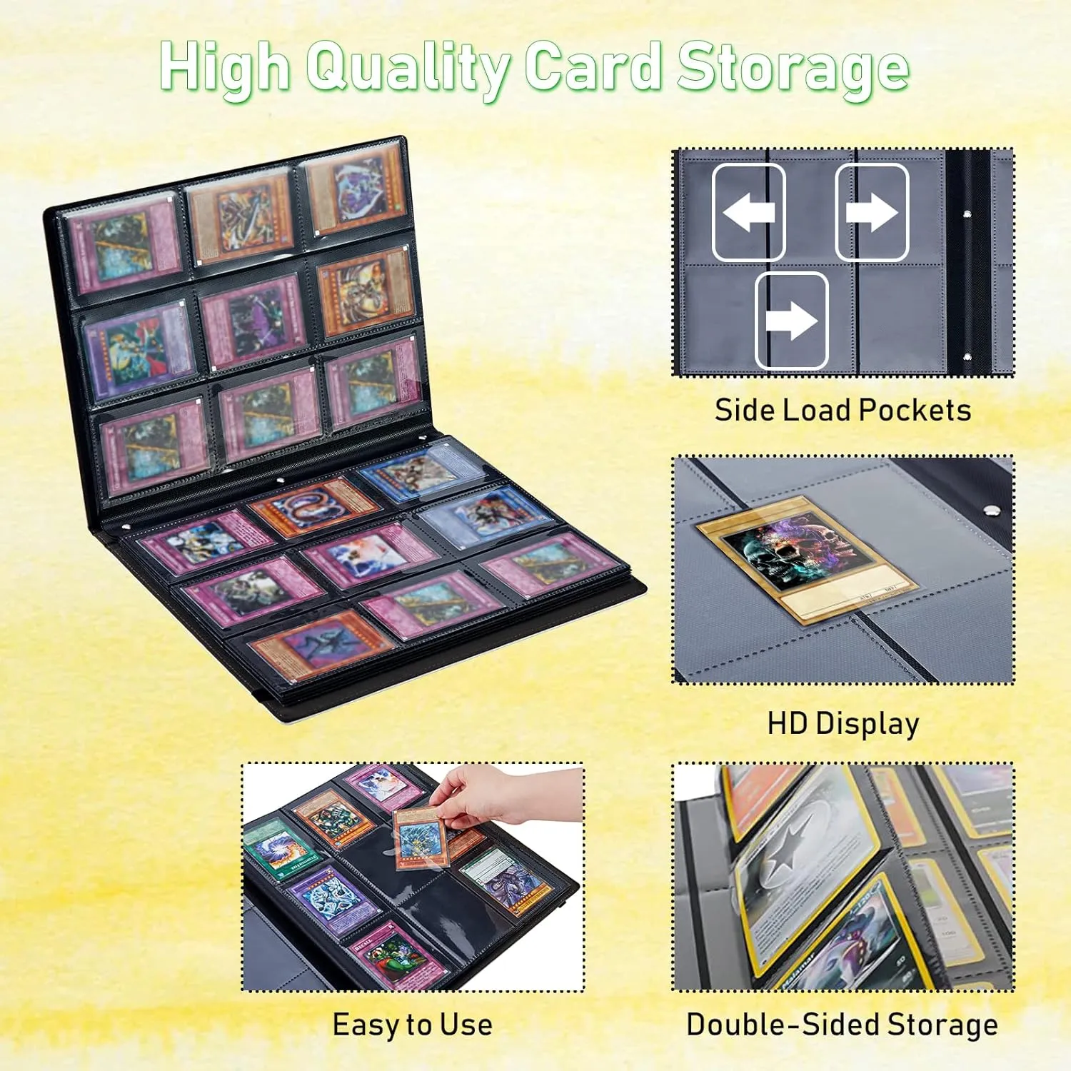 9 Pocket Trading Card Album Folder with Watercolor Cat Pattern Design, 900 Cards Slot, Pu Leather Material, Side Loading Pockets, Elastic Band Closure, Stylish and Durable