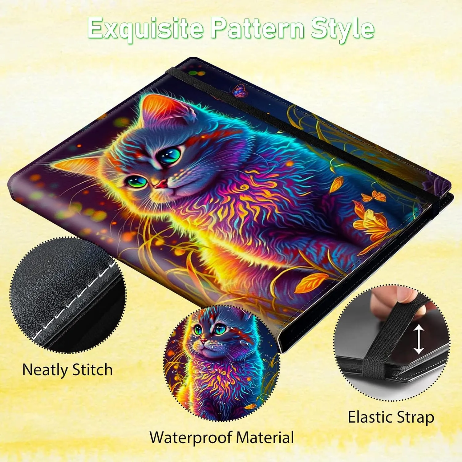 9 Pocket Trading Card Album Folder with Watercolor Cat Pattern Design, 900 Cards Slot, Pu Leather Material, Side Loading Pockets, Elastic Band Closure, Stylish and Durable