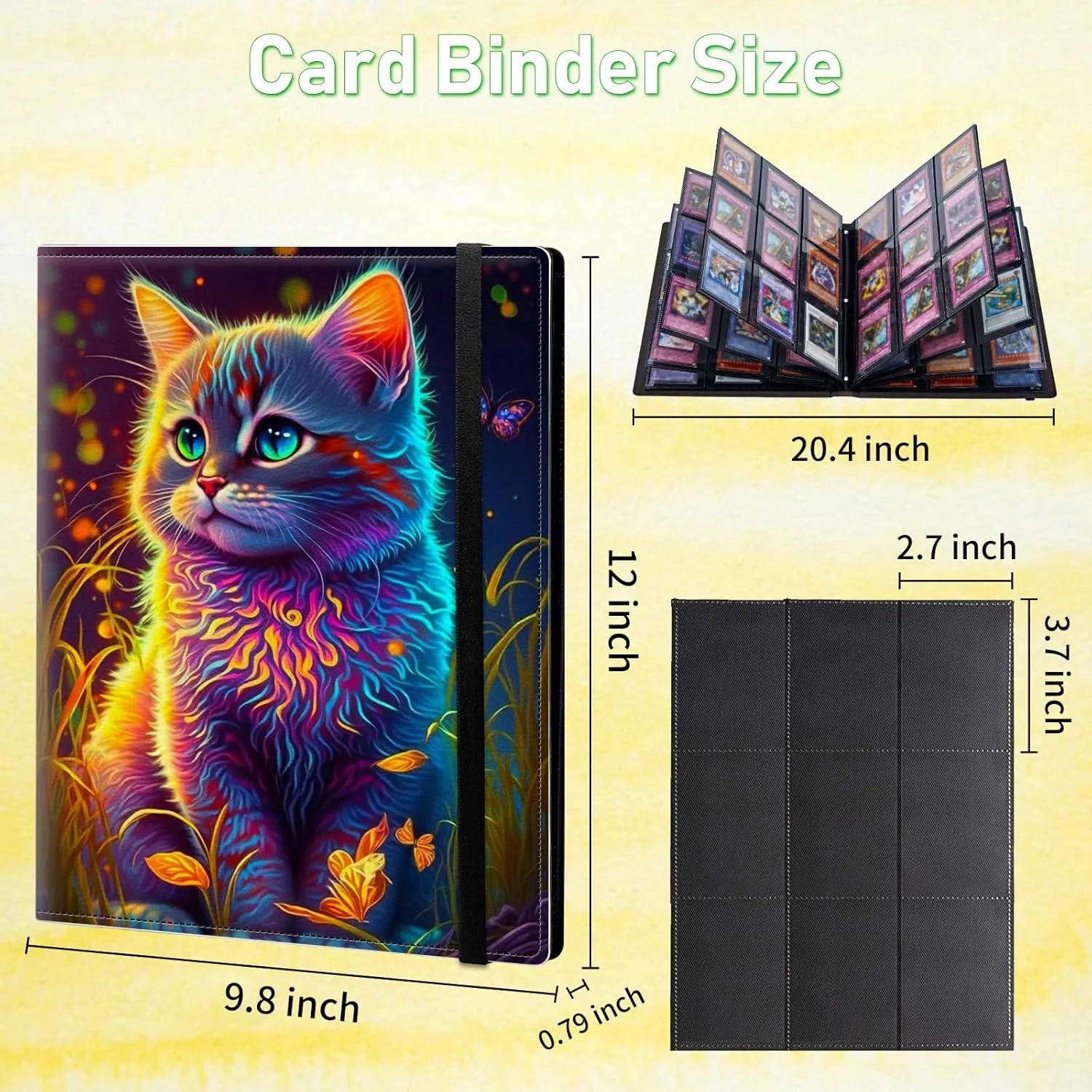 9 Pocket Trading Card Album Folder with Watercolor Cat Pattern Design, 900 Cards Slot, Pu Leather Material, Side Loading Pockets, Elastic Band Closure, Stylish and Durable