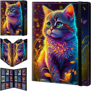 9 Pocket Trading Card Album Folder with Watercolor Cat Pattern Design, 900 Cards Slot, Pu Leather Material, Side Loading Pockets, Elastic Band Closure, Stylish and Durable