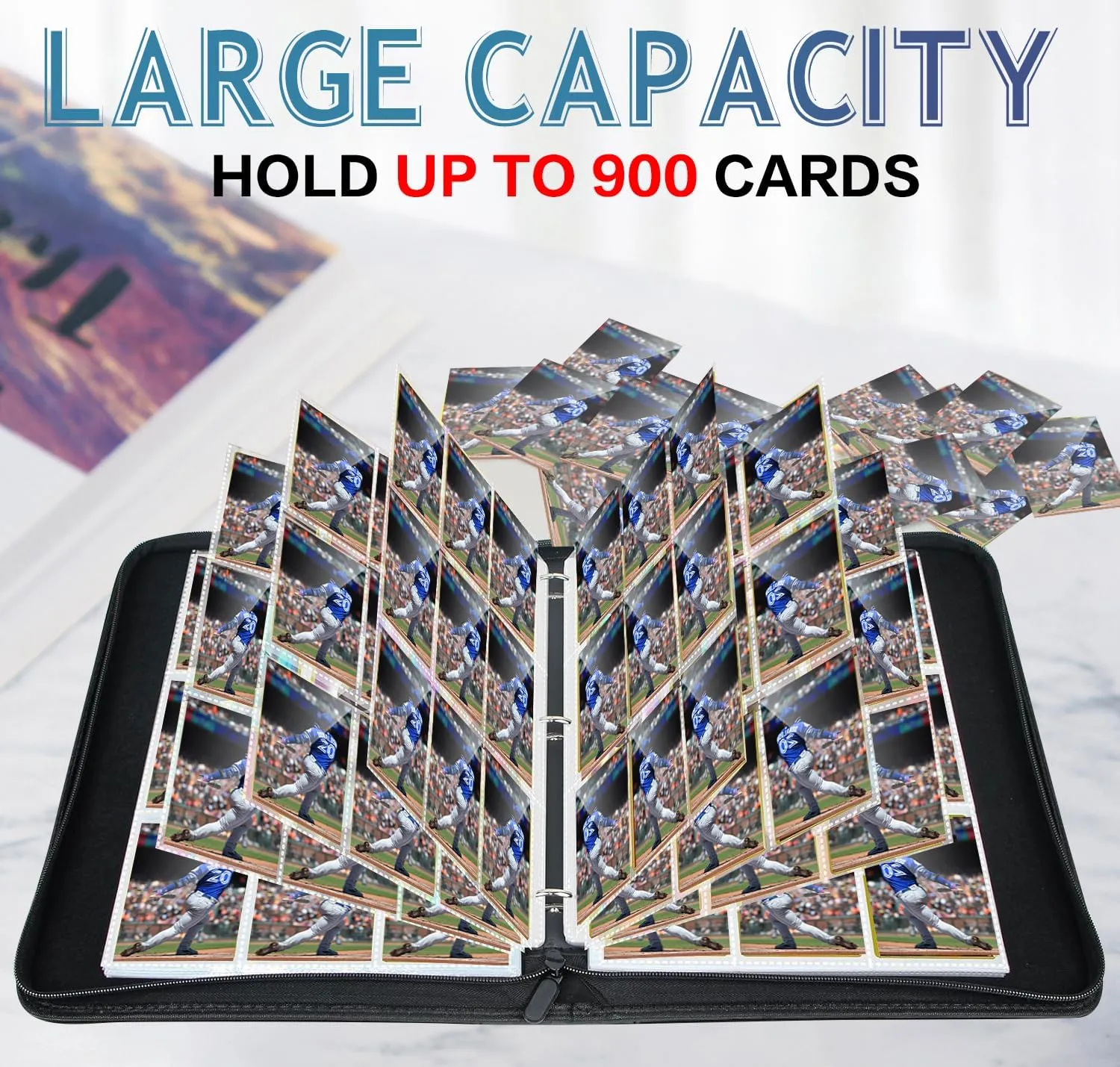 900 Pockets Trading Card Binder, Baseball Card Binder Album, Top Loading Pockets Card Collector Album, PU Leather Card Collector Folder for MTG, Game Cards, Sports Cards (Baseball-Blue)