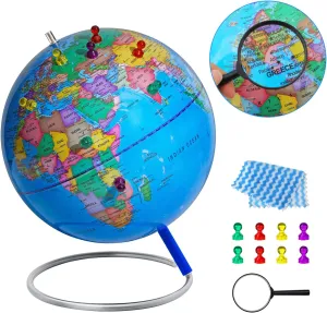 9" World Globe for kids Learning, Classroom Desk, Geographic Globe with iron Stand & colorful Magnetic Push Pins & magnifier & handkerchief, 360° Horizontal Rotation Educational World Globe, Blue