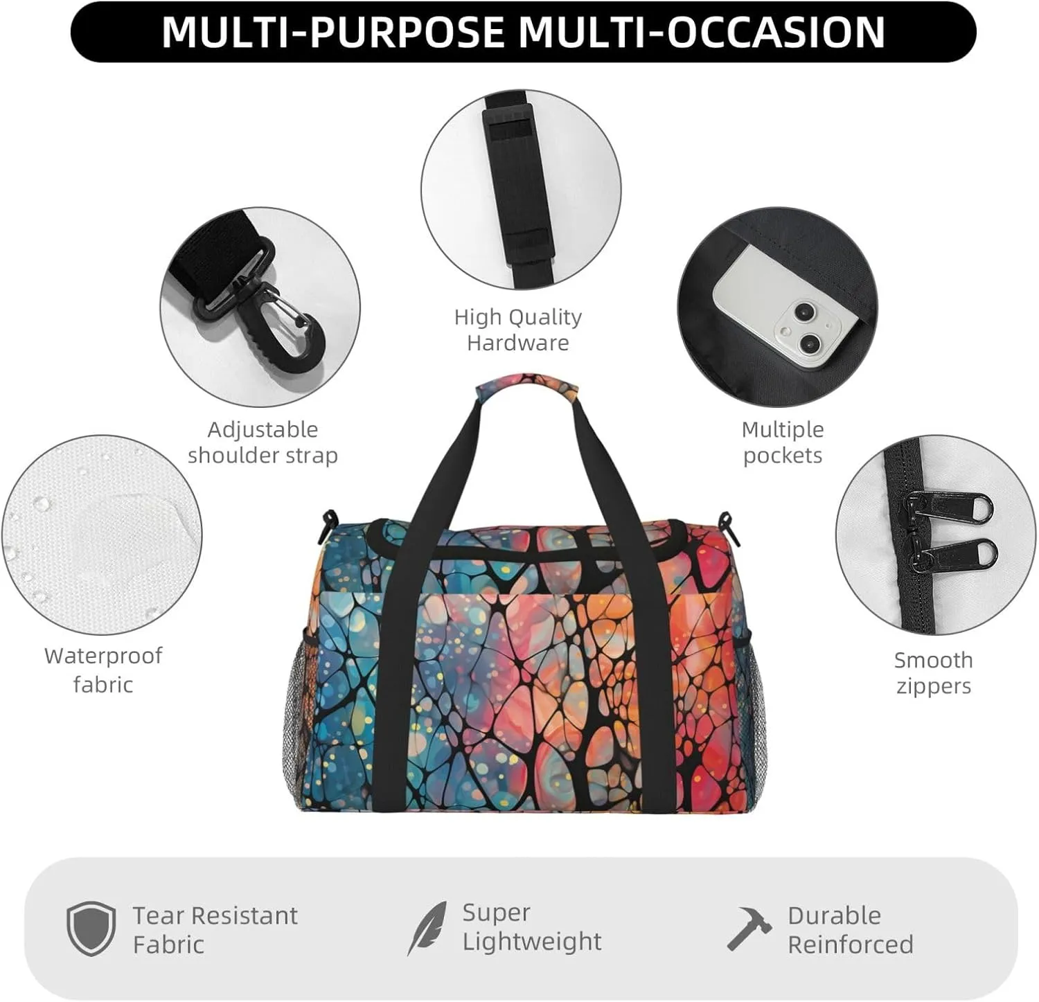 Abstract Colored Glass Duffle Bag Foldable Travel Tote Bag Carry On Large Weekender Overnight Bags Waterproof Gym Bag For Women Men