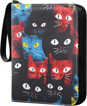 Abstract Colorful Cats_4 Card Binder 4-Pocket, 400 Pockets PU Waterproof Zippered Collector Card Album with 50 Removable Sleeves for Trading, Game Cards