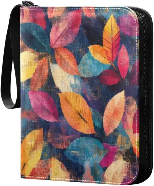 Abstract Colorful Leaves Card Binder 4-Pocket, 400 Pockets Card Holder with 50 Removable Sleeves and Zipper for Games Baseball Football Sports Card