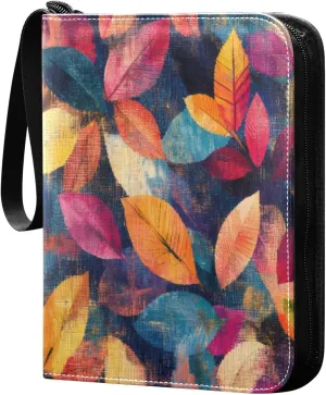 Abstract Colorful Leaves Card Binder 4-Pocket, 400 Pockets PU Waterproof Zippered Collector Card Album with 50 Removable Sleeves for Trading, Game Cards