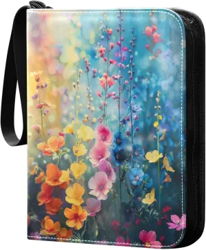 Abstract Colorful Wildflowers Card Binder 4-Pocket, 400 Pockets Card Holder with 50 Removable Sleeves and Zipper for Games Baseball Football Sports Card